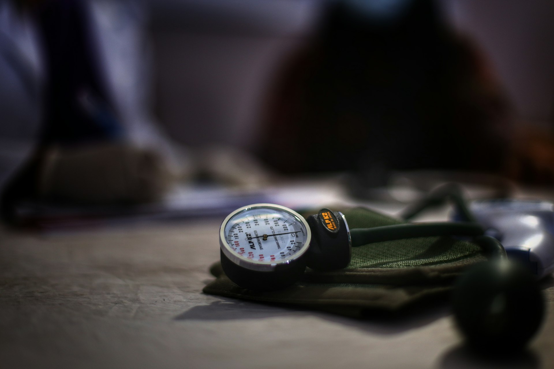Blood pressure monitor resting on a table.